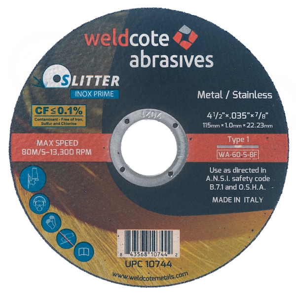 Weldcote Cut-Off Wheel 4-1/2 X .035 X 7/8 T1, Wa-60-S-Bf Slitter Inox-Prime - 10744

Rueda de corte Weldcote de 4-1/2 X .035 X 7/8 T1, Wa-60-S-Bf Slitter Inox-Prime - 10744