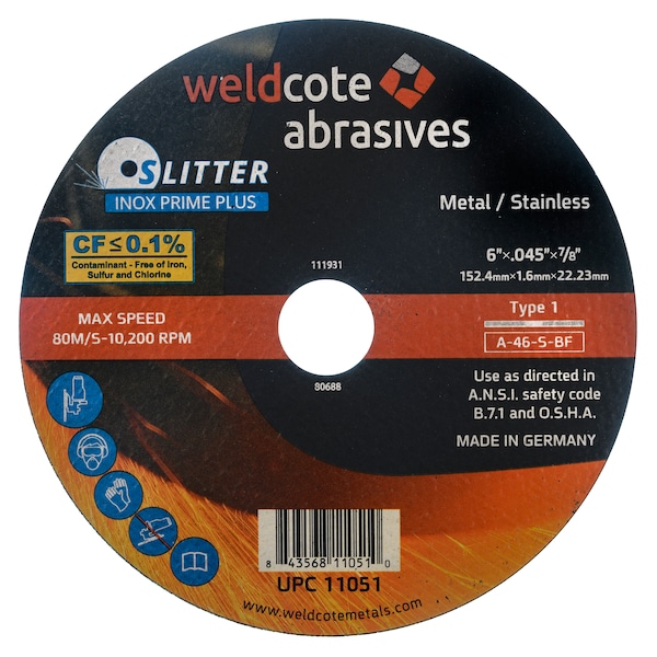 Rueda de corte Weldcote 6 X .045 X 7/8 T1, Wa-46-S-Bf Slitter Inox Prime Plus - 11051