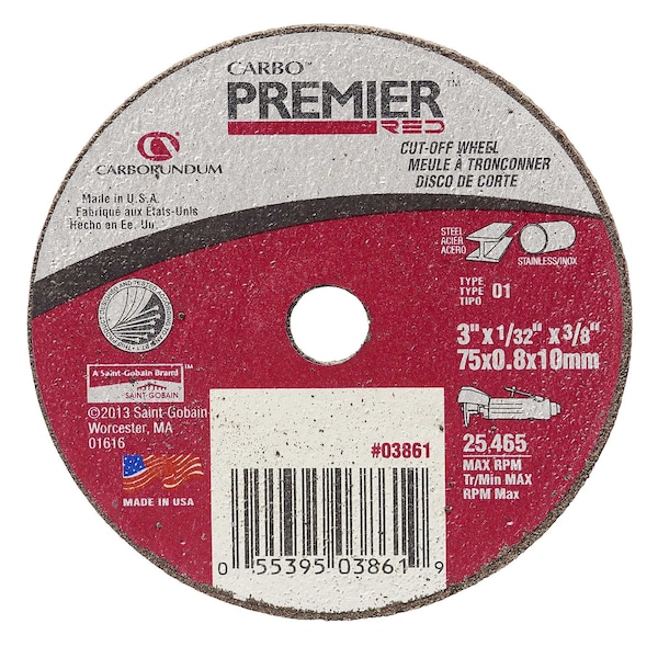 Abrasivos Carborundum 3 x 1/32 x 3/8 pulgadas. Carbo Premier Rojo AP CA/ZA Rueda de corte de diámetro pequeño, 5 piezas - 5539503861