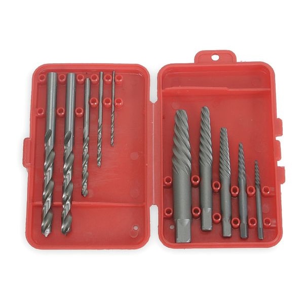 Westward Screw Extractor Set, Spiral Flute, Size No. 1/No. 2/No. 3/No. 4/No. 5, 3/32" to 5/8" Capacity, 10Pcs - 2RUR2