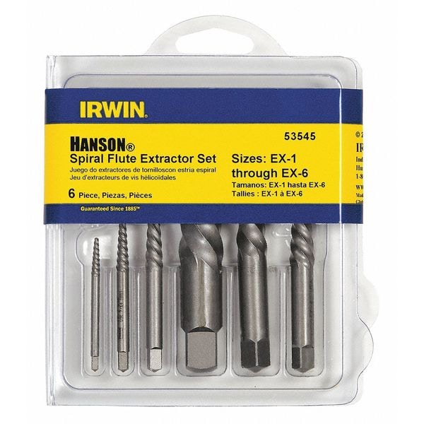 Irwin HANSON Spiral Flute Extractor Set, Sizes EX-1 to EX-6, Carbon Steel, 6-Piece - 53545