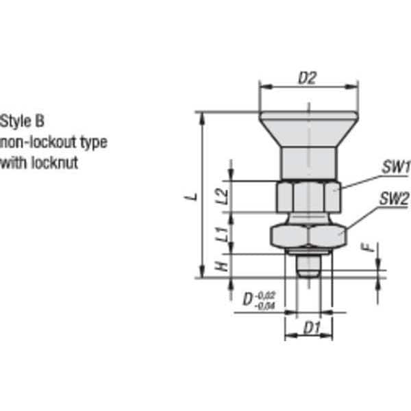 Kipp Indexing Plunger, Short, Size: 2, D1= M12X1.5, D=6, Style B, Non-Lockout W. Locknut, SS Not - K0631.16206