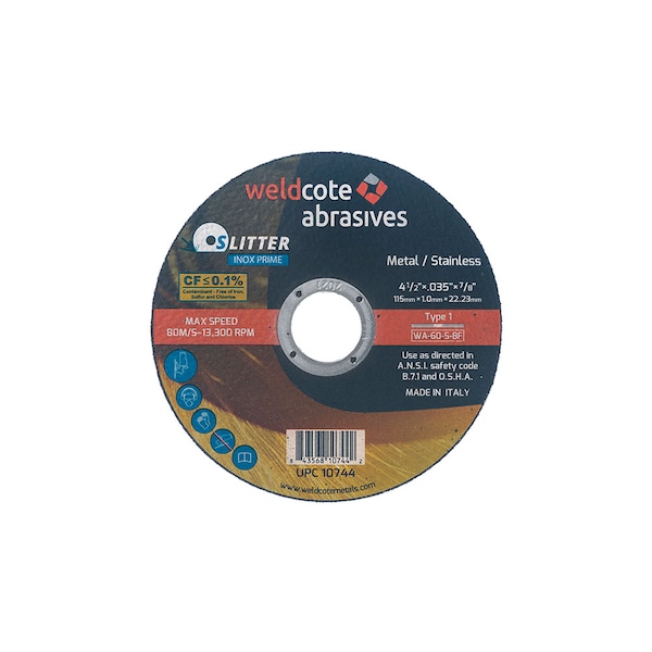 Weldcote Cut-Off Wheel 4-1/2 X .045 X 7/8 T1, Wa-46-S-Bf Slitter Inox-Prime - 10745

Rueda de corte Weldcote 4-1/2 X .045 X 7/8 T1, Wa-46-S-Bf Slitter Inox-Prime - 10745