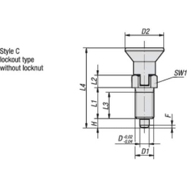 Kipp Indexing Plunger, All SS, Size: 5 D1= 1-8, D=16, Style C Lockout Type WO Locknut, Pin Not Hard - K0632.113516A8