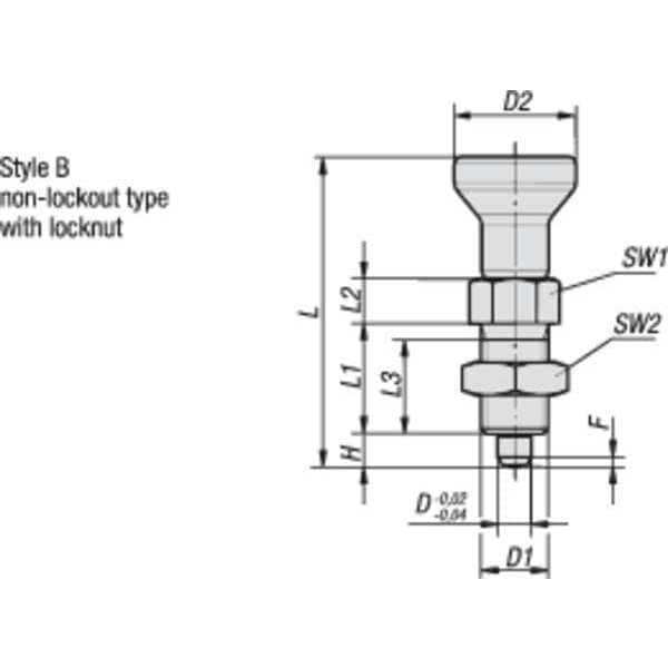 Kipp Indexing Plunger, All SS, Size: 0 D1= M08X1, D=4, Style B Non-Lockout W Locknut, Pin Hard - K0632.002004