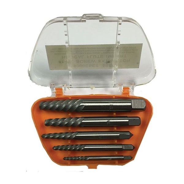 Drillco Screw Extractor Set, Series 9000E, Measurement System Imperial, 1 To 5 Size, 5 Pieces, Carbon, Bright - 9000ESET