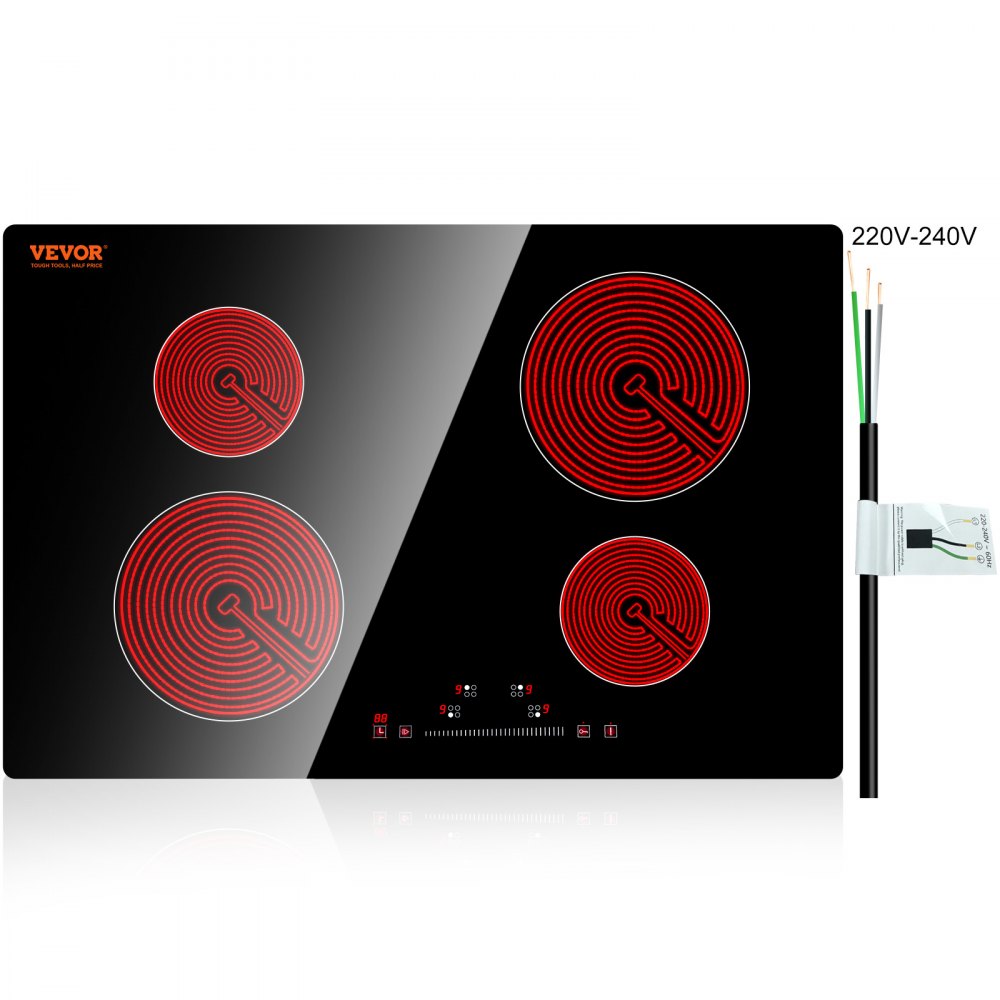 VEVOR Built in Electric Stove Top, 23.2 x 20.5 inch 4 Burners, 240V Glass Radiant Cooktop with Sensor Touch Control, Timer & Child Lock Included, 9 Power Levels for Simmer Steam Slow Cook Fry - Q24INCH6000W4P6Y3V4