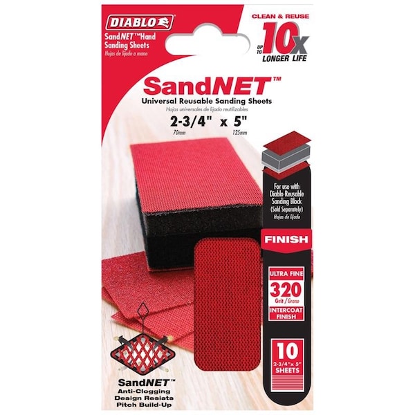 Bloque de Lijado a Mano Diablo SandNet de 5 pulgadas L X 2-3/4 pulgadas W, 320 Grit Ultra Fino - DND234320S10N