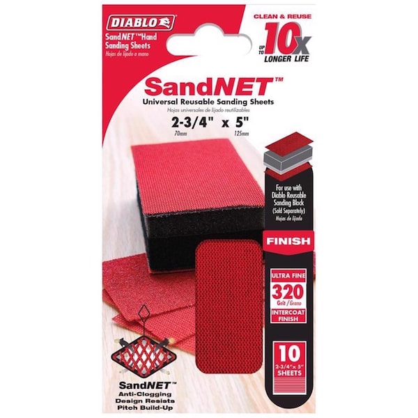 Bloque de Lijado a Mano Diablo SandNet de 5 pulgadas L X 2-3/4 pulgadas W, 320 Grit Ultra Fino - DND234320S10N