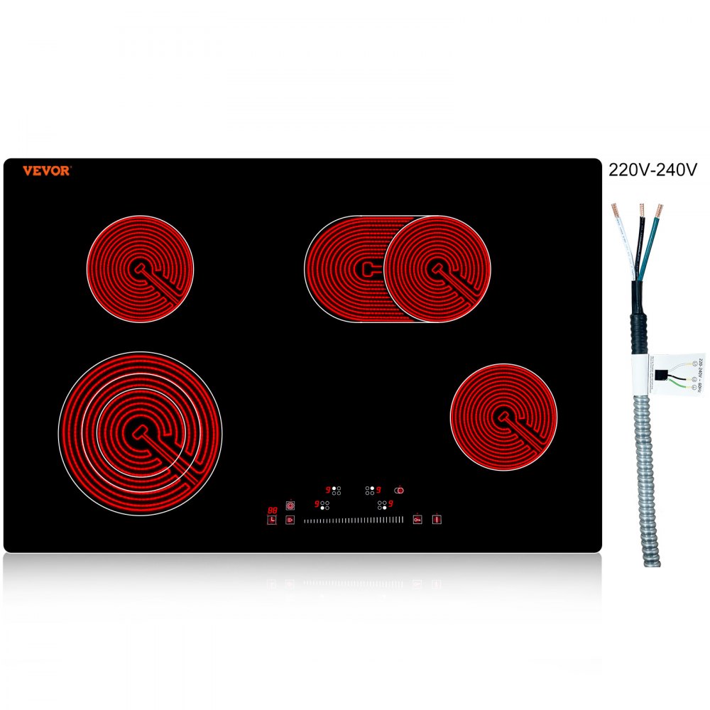 VEVOR Built in Electric Stove Top, 30.3 x 20.5 inch 4 Burners, 240V Glass Radiant Cooktop with Sensor Touch Control, Timer & Child Lock Included, 9 Power Levels for Simmer Steam Slow Cook Fry - Q30INCH7200W4GOHKV4