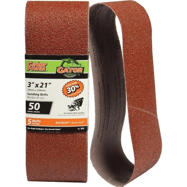 Cinturón de lijado Gator 7012, 3 pulgadas de ancho, 21 pulgadas de largo, grano 50, grueso, abrasivo de óxido de aluminio - 7012GA