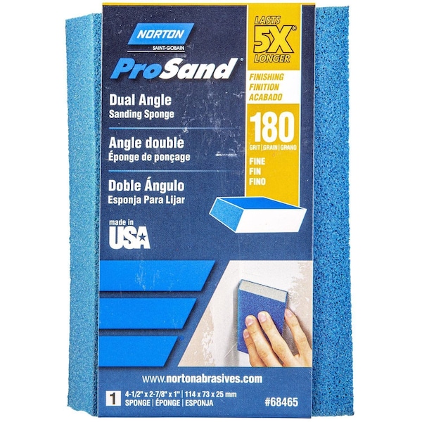 Esponja de lijado de ángulo dual fino Norton Abrasives ProSand de 4-1/2 pulgadas de largo x 2-7/8 pulgadas de ancho x 1 pulgada de grosor, grano 180 - 07660768465