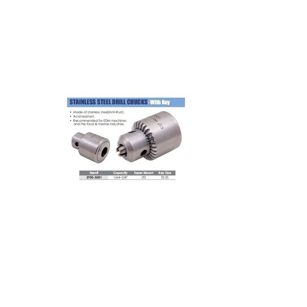 H & H Industrial Products 3/64-3/8" (1-10mm) JT2S Stainless Steel Drill Chuck With Key - 3700-3001