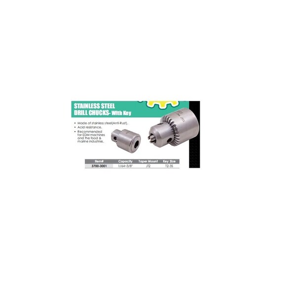 H & H Industrial Products 3/64-3/8" (1-10mm) JT2S Stainless Steel Drill Chuck With Key - 3700-3001
