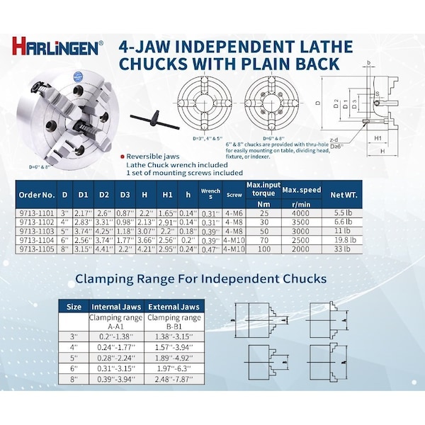 H & H Industrial Products Harlingen 4" 4-Jaw Independent Lathe Chuck Plain Back - 9713-1102