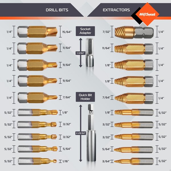 Av Steel Screw Extractor Set for Damaged Screws, 22 pcs - AV - 700022