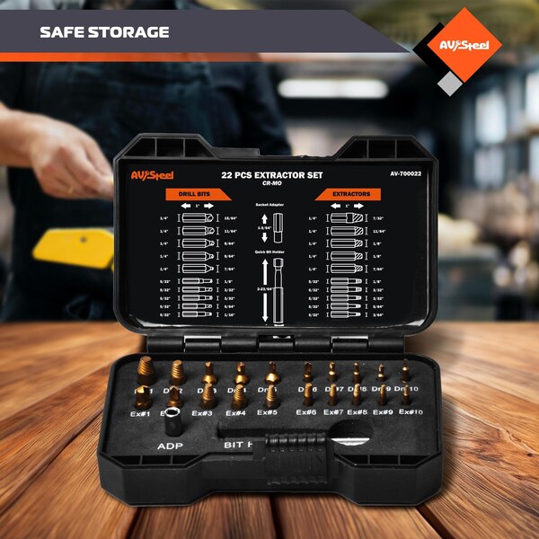 Av Steel Screw Extractor Set for Damaged Screws, 22 pcs - AV - 700022