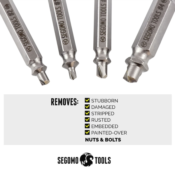 Segomo Tools 4 Piece HSS 4341 Screw Extractor Set w/Hardness 63-65 - M08023
