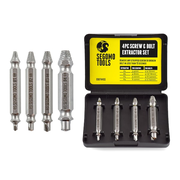 Segomo Tools 4 Piece HSS 4341 Screw Extractor Set w/Hardness 63-65 - M08023
