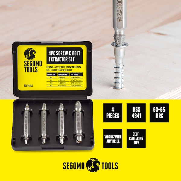 Segomo Tools 4 Piece HSS 4341 Screw Extractor Set w/Hardness 63-65 - M08023