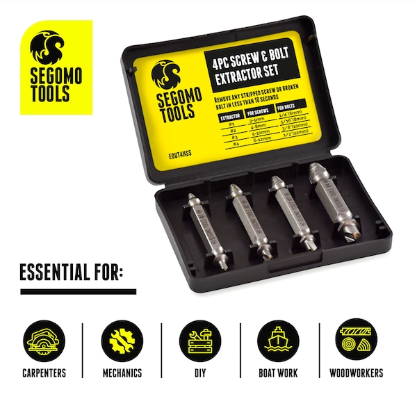 Segomo Tools 4 Piece HSS 4341 Screw Extractor Set w/Hardness 63-65 - M08023