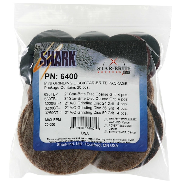 Set de 20 piezas para esmerilado / preparación de superficies mini de Shark Industries de 2 y 3 pulgadas - 6400