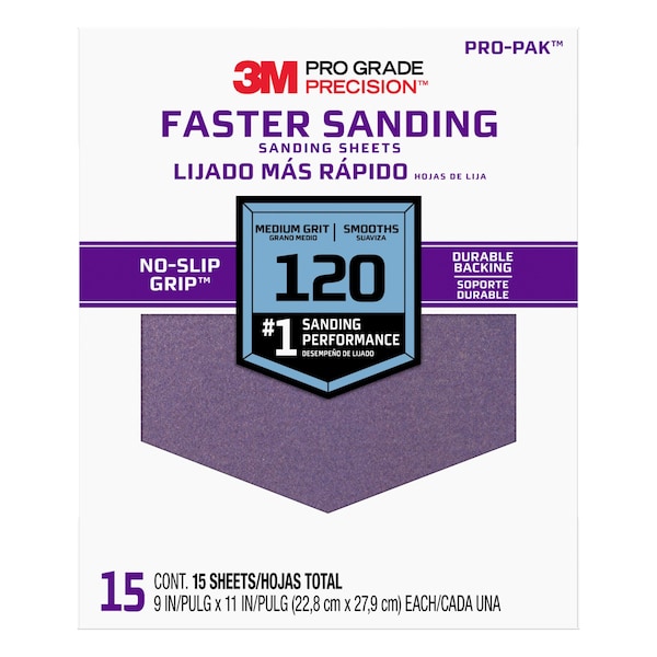 Hoja de papel de lija 3M, 120 granos, 9"W, paquete de 15 - 27120PGP-15