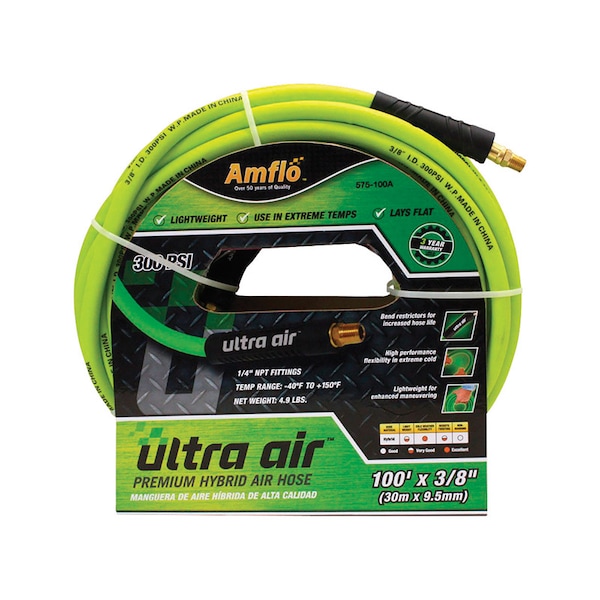 Amflo Amflo Ultra Air 100 ft. L X 3/8 in. D Rubber/PVC Hybrid Air Hose 300 psi Yellow - 575-100A