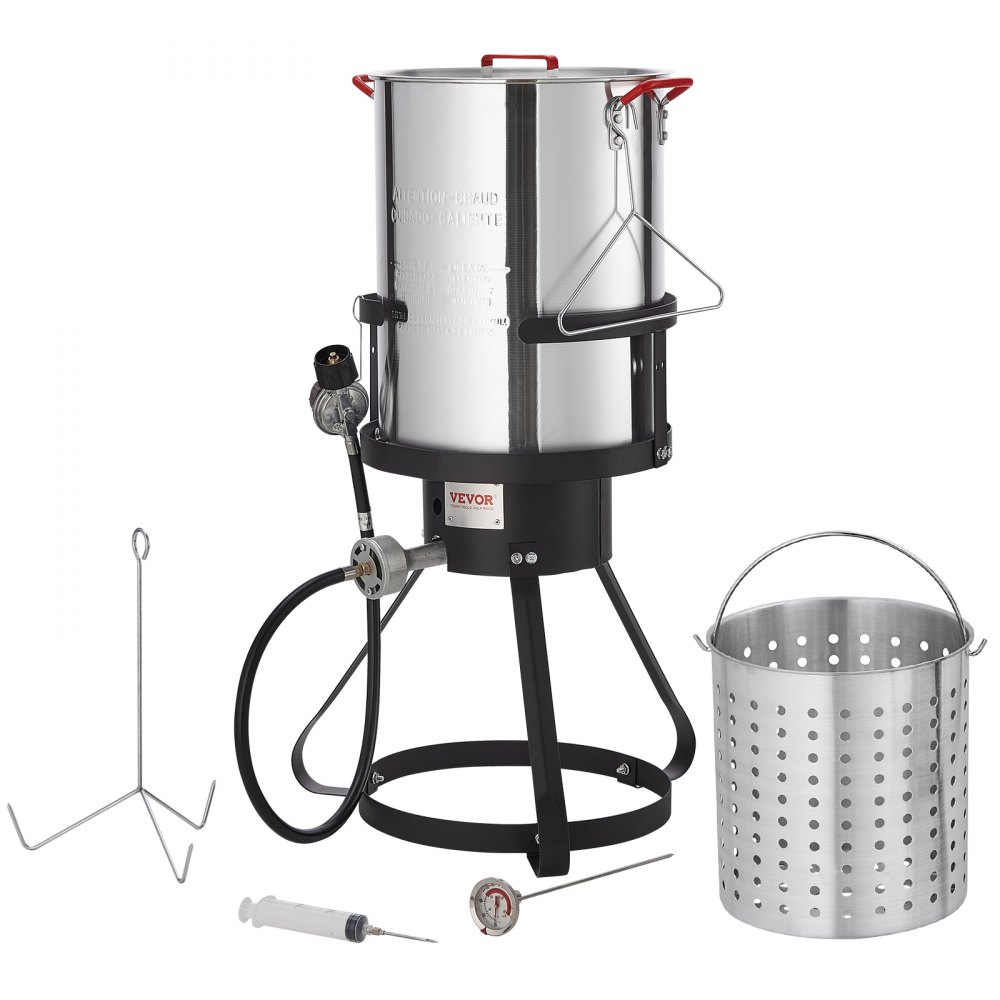 VEVOR Turkey Deep Fryer, 30-qt Turkey Fryer Boiler Steamer Cooker Set, Outdoor Aluminum Seafood Frying Pot, 54,000 BTU Burner Propane Gas Boiler, Includes Basket, Perforated Poultry Rack, Thermometer - H30QT54000BTU6SIHV0