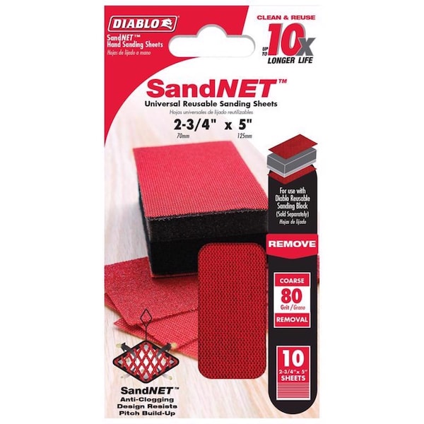 Diablo SandNet 5 in. L X 2-3/4 in. W 80 Grit Coarse Block Hand Sanding Pad - DND234080S10N

Bloque de lija gruesa de mano Diablo SandNet de 80 granos con tamaño de 5 pulgadas de largo y 2-3/4 pulgadas de ancho - DND234080S10N