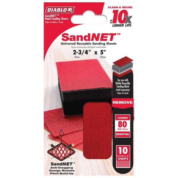 Diablo SandNet 5 in. L X 2-3/4 in. W 80 Grit Coarse Block Hand Sanding Pad - DND234080S10N

Bloque de lija gruesa de mano Diablo SandNet de 80 granos con tamaño de 5 pulgadas de largo y 2-3/4 pulgadas de ancho - DND234080S10N