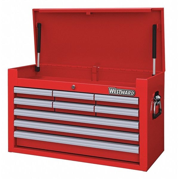 Westward WESTWARD Top Chest, 9-Drawers, Powder Coated Red, 26" W x 12.5" D x 16.5" H - 32H878