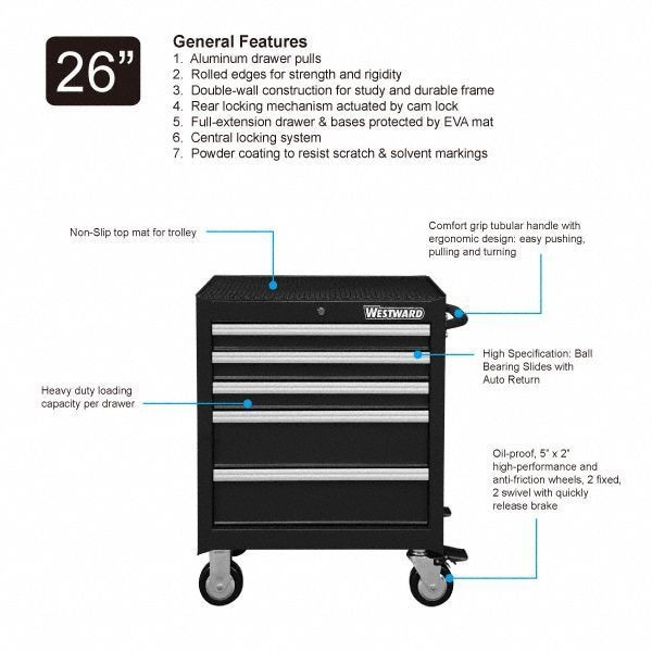 Westward WESTWARD Rolling Tool Cabinet, 5-Drawers, Powder Coated Black, 27" W x 18" D x 33" H - 32H895