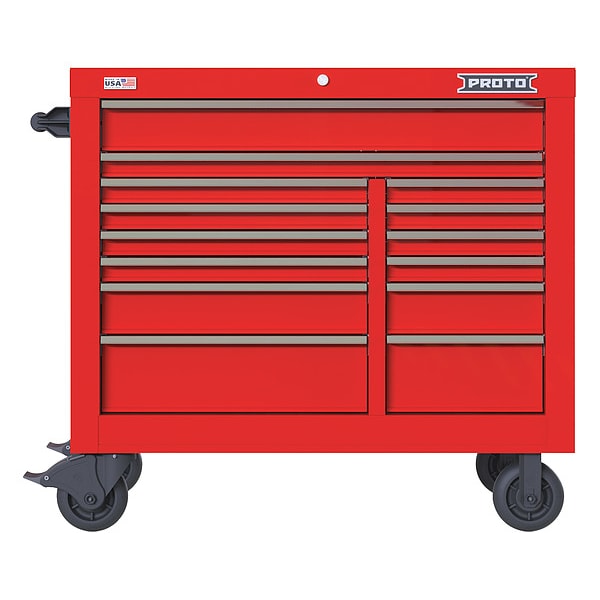 Proto Velocity Rolling Tool Cabinet, 14 Drawer, Red, Steel, 42 in W x 22-1/2 in D x 38-1/2 in H - JSTV4239RD14RD