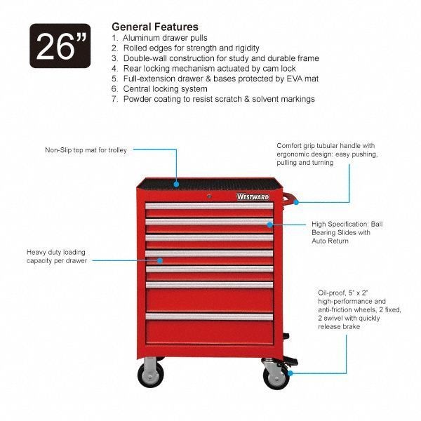 Westward WESTWARD Rolling Tool Cabinet, 7-Drawers, Gloss Red, 27" W x 19" D x 39.5" H - 32H888