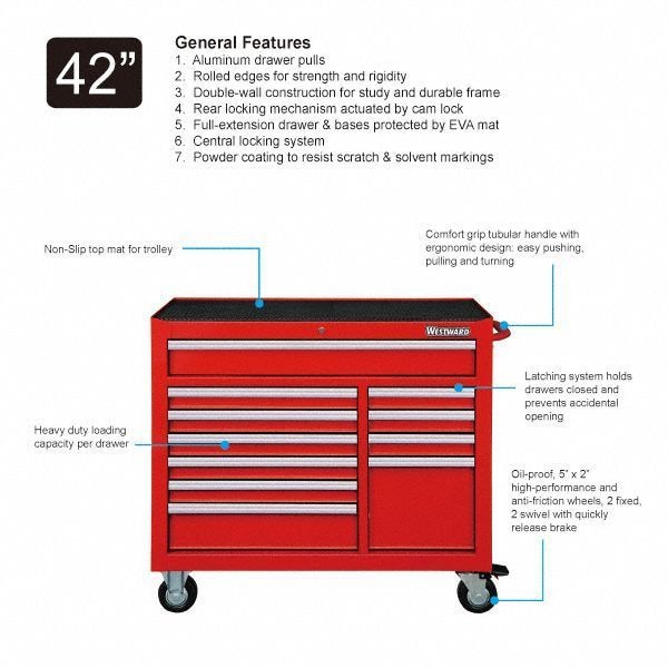 Westward WESTWARD Rolling Tool Cabinet, 11-Drawers, Gloss Red, 42" W x 19" D x 40" H - 32H855