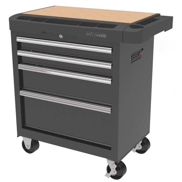 Westward WESTWARD Rolling Tool Cabinet, 4-Drawers, Gloss Black, 34.5" W x 19.5" D x 33.5" H - 31CE51