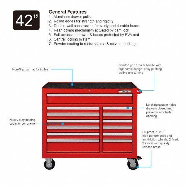 Westward WESTWARD Rolling Tool Cabinet, 13-Drawers, Gloss Red, 42" W x 19" D x 40" H - 32H891