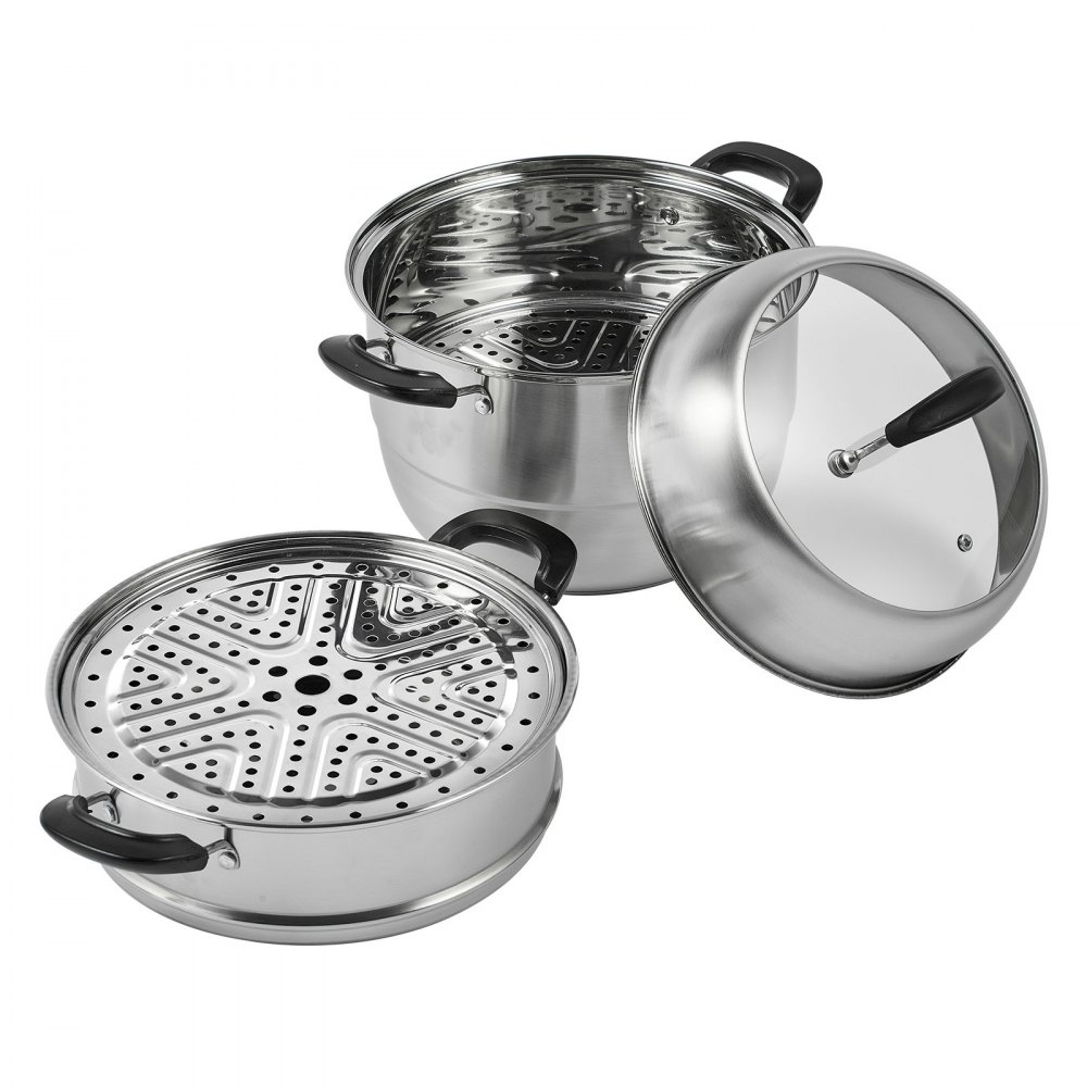 VEVOR Steamer Pot 11in/28cm, 3 Tier Steamer Pot for Cooking with 8.5QT Stock Pot, Vegetable Steamer & 2 Steaming Tray, Food-Grade 304 Stainless Steel Food Steamer Cookware for Gas Electric Stove Grill - SCZG28CM0000NDJSGV0