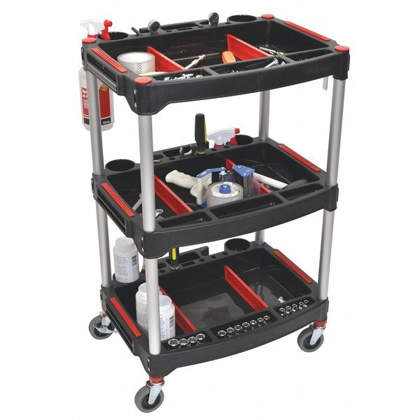 Luxor Mechanics Three-Shelf Cart, Black, Aluminum, 22-3/4 in W x 18 in D x 32 in H - MC-3