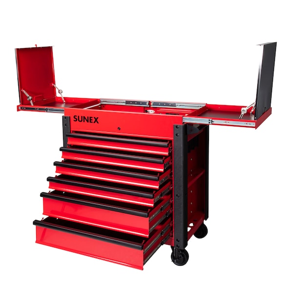 Sunex Slide Top Service Cart, 6 Drawer, Red, Steel, Aluminum, 37 in W x 20 in D x 43 in H - 8035XTFD
