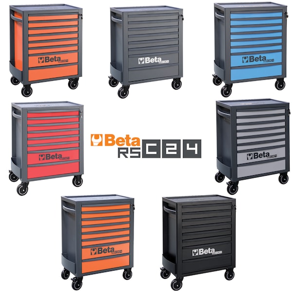 Beta RSC24 Rolling Tool Cabinet, 8 Drawers, Lt. Grey, Steel, Anti-Fall Edge, 26 in W x 17.5 in D x 38 in H - RSC24IT/8-G