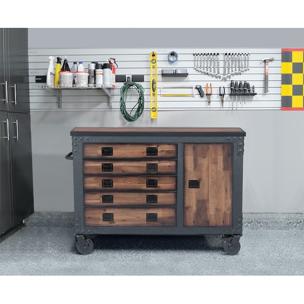 Duramax Rolling Tool Chest, Wood Top, 5 Drawer, Brown/Gray, Steel, Wood, 48 in W x 20 in D x 37 in H - 68005-N