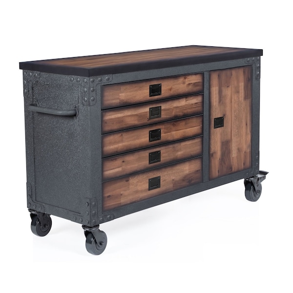 Duramax Rolling Tool Chest, Wood Top, 5 Drawer, Brown/Gray, Steel, Wood, 48 in W x 20 in D x 37 in H - 68005-N