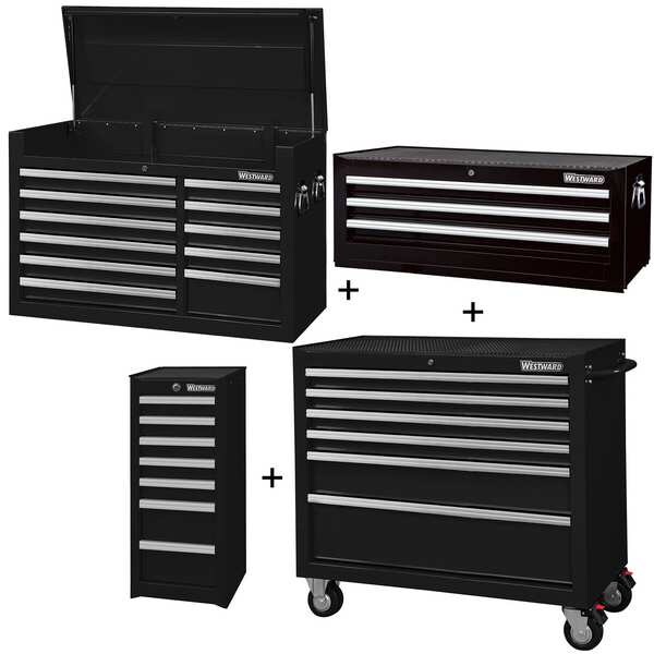 Westward WESTWARD Rolling Cabinet Kit, 27 Drawer, Black, Steel, 57-1/2 in W x 19 in D x 82 in H - 361LN8