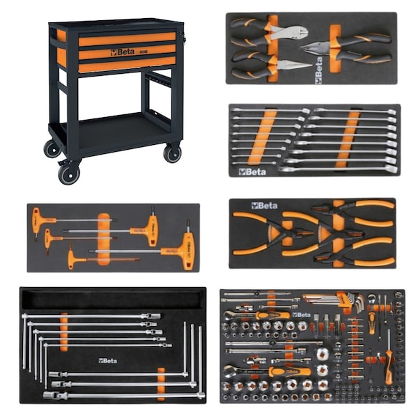Beta Rolling Tool Cabinet, Orange, 7 Drawers with 6 Foam Tray Tool Sets and 195 Tools and Accessories - RSC51KIT