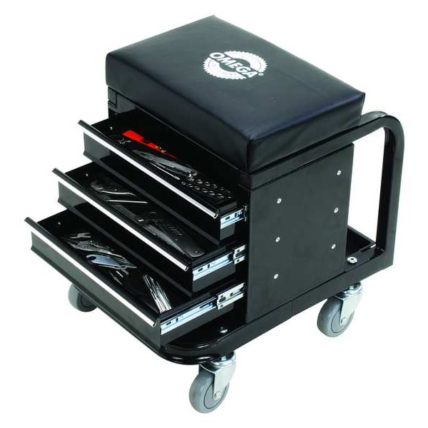Omega Toolbox Creeper Tool Box Creeper Seat, 3 Drawer, Black, Steel, 14-1/2 in W x 19 in D x 18-1/4 in H - 92450