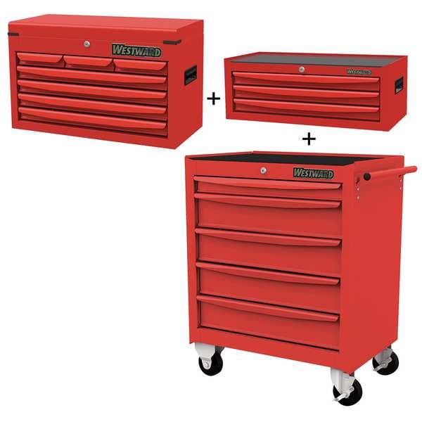Westward WESTWARD Rolling Cabinet Kit, 15-Drawers Total, Powder Coated Red, 29" W x 18" D x 59.5" H - 361LM8
