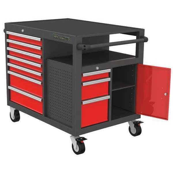 Westward WESTWARD Rolling Tool Cabinet, 10-Drawers, Matte Gray & Red, 51" W x 29" D x 40" H - 48ZF02