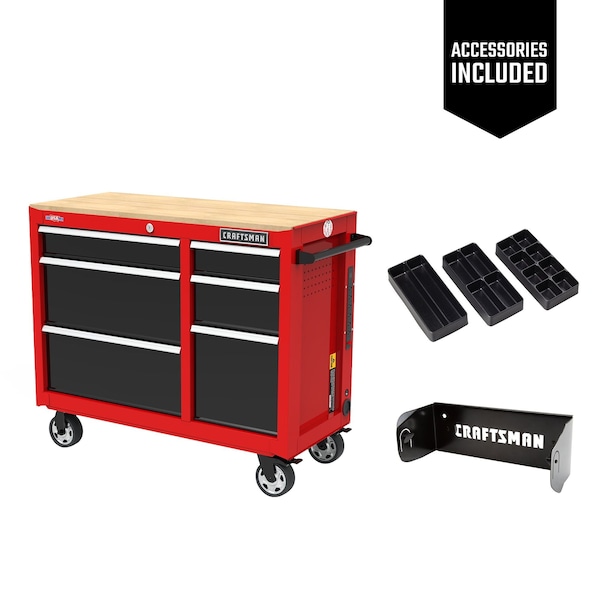 Craftsman S2000 Rolling Tool Cabinet, 6 Drawer, Black/Red, Steel, Wood, 41 in W x 18 in D x 34 in H - CMST34062RB